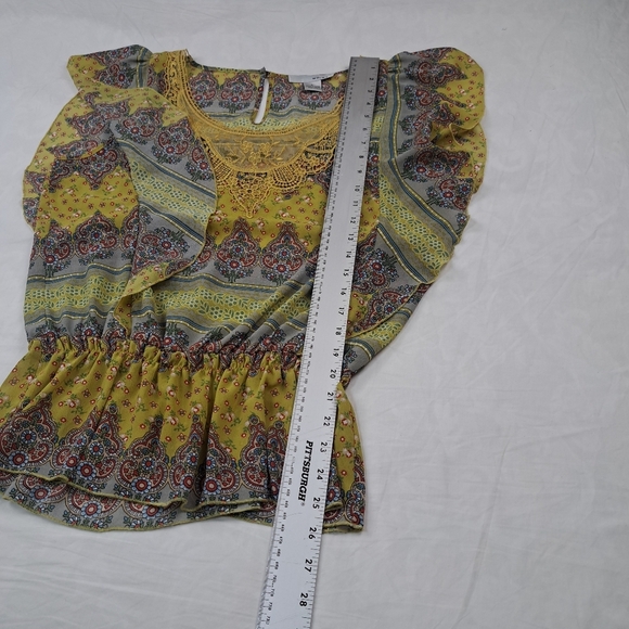WD NY Women’s Yellow Blue Floral Ruffle Sheer Top Blouse Size L - Picture 9 of 10